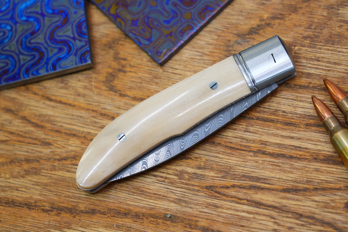 3 Swift Mammoth Tusk Fancy Legal Steel Frame Damascus Steel No Lock Handmade Pocket Knife