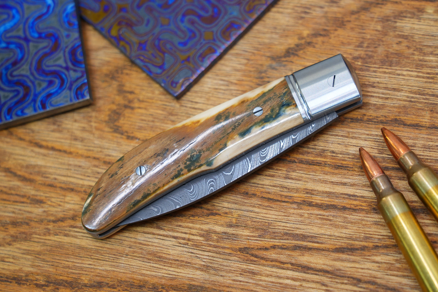 4 Swift Mammoth Tusk Fancy Legal Steel Frame Damascus Steel No Lock Handmade Pocket Knife