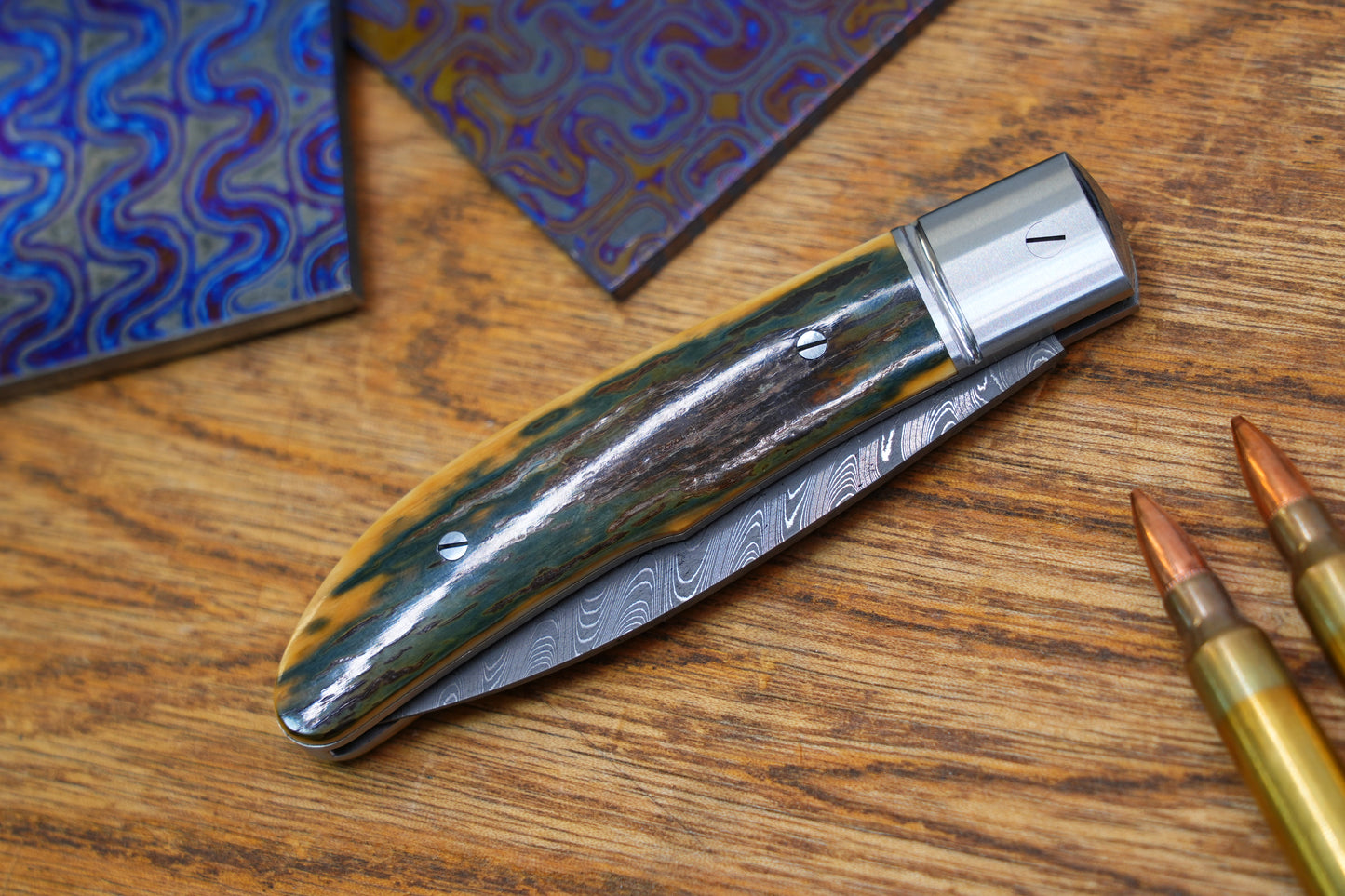 5 Swift Mammoth Tusk Fancy Legal Steel Frame Damascus Steel No Lock Handmade Pocket Knife