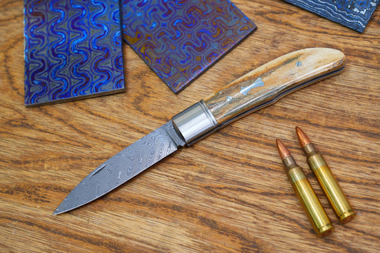 6 Swift Mammoth Tusk Fancy Legal Steel Frame Damascus Steel No Lock Handmade Pocket Knife