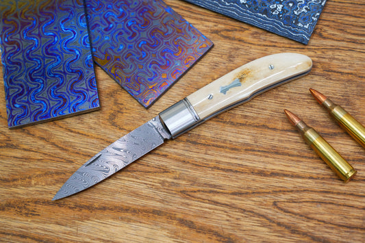 7 Swift Mammoth Tusk Fancy Legal Steel Frame Damascus Steel No Lock Handmade Pocket Knife