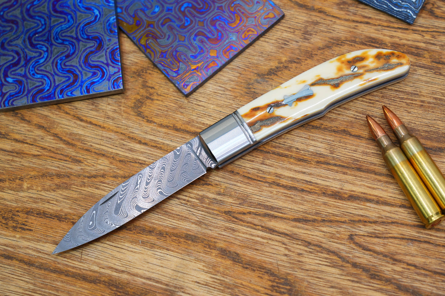 11 Swift Mammoth Tusk Fancy Legal Steel Frame Damascus Steel No Lock Handmade Pocket Knife
