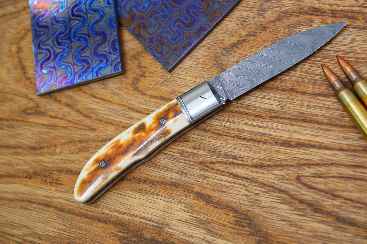 11 Swift Mammoth Tusk Fancy Legal Steel Frame Damascus Steel No Lock Handmade Pocket Knife