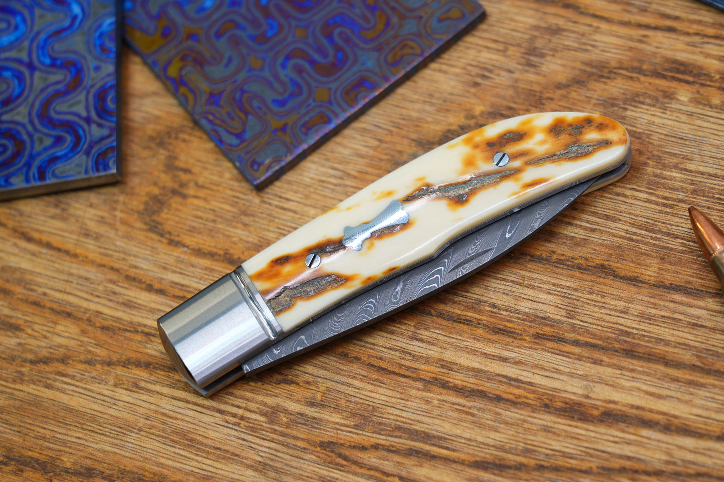11 Swift Mammoth Tusk Fancy Legal Steel Frame Damascus Steel No Lock Handmade Pocket Knife