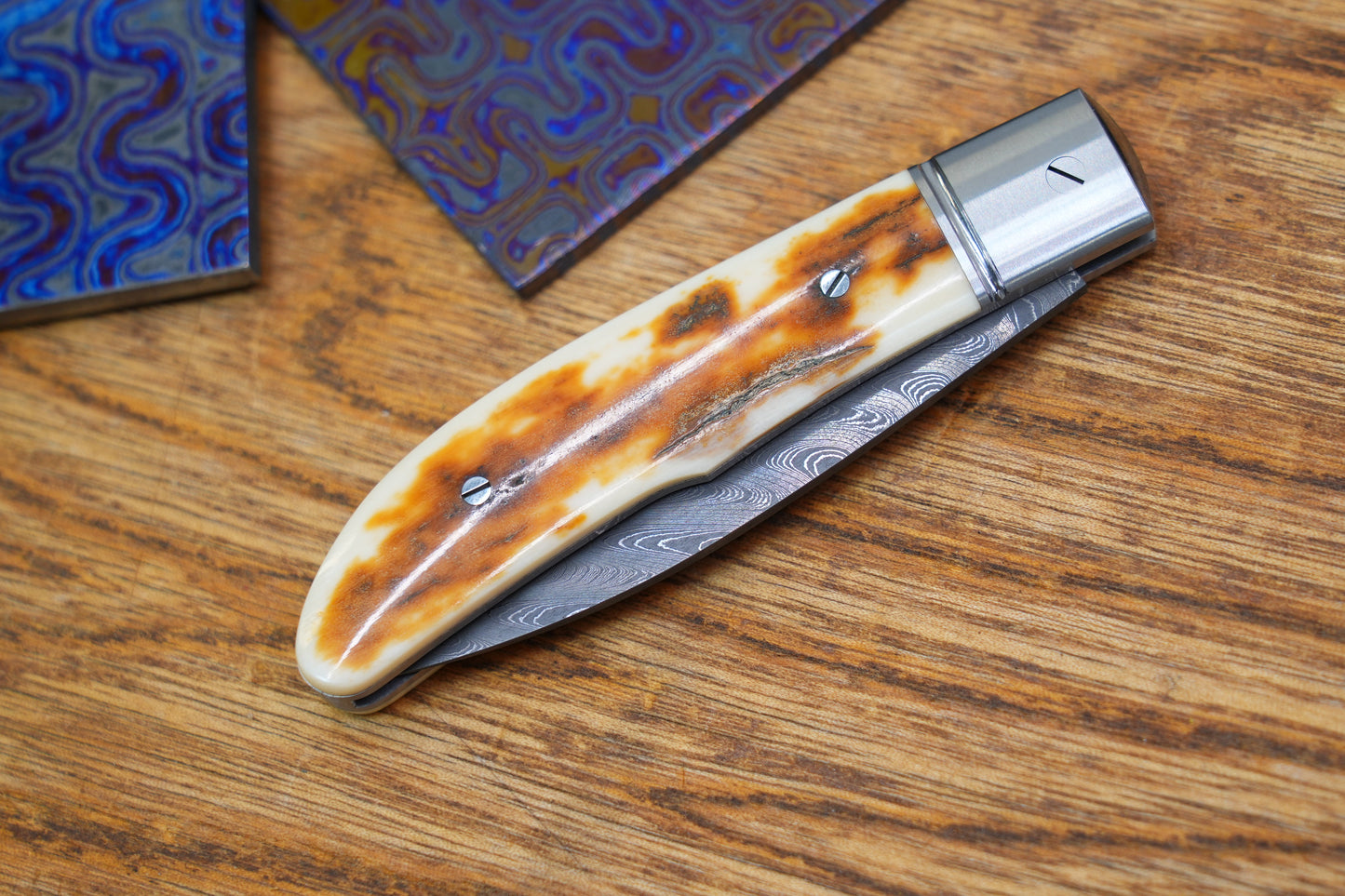 11 Swift Mammoth Tusk Fancy Legal Steel Frame Damascus Steel No Lock Handmade Pocket Knife