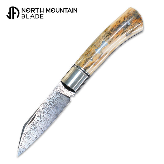 1 North Mountain Traditional Series – Handcrafted Sheepsfoot Pocket Knife with Mammoth Ivory Handle, Steel Frame, Non-Locking,  Damasteel® – Swedish Powder Metallurgy Damascus Blade