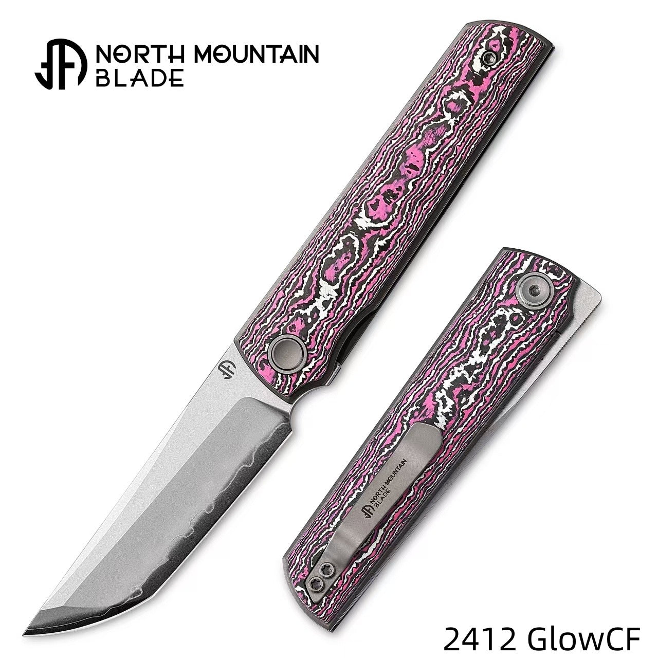 2412-GLOWCF CHOP 4 Front Flipper Folding Knife, Ceramic Carbon Fiber Handle, SLD San Mai Steel, Japanese-Style Tanto