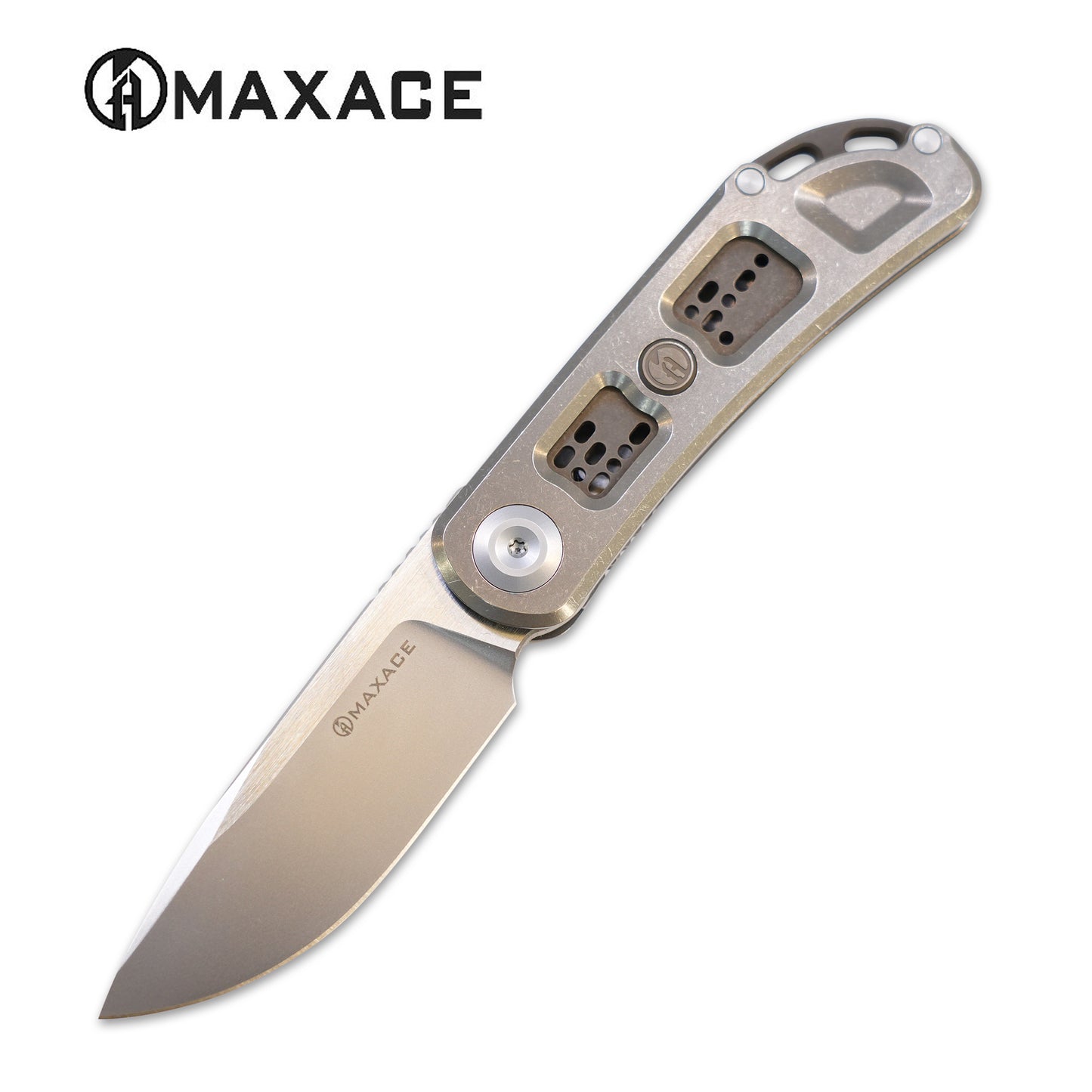 Maxace Big Fella Folding Knife Sandblast Titanium/grey Inlay Handle Magnacut Plain Edge M22A