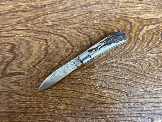 Zulu Antler Handle, Damasteel, Swedish Powder Damascus Steel, American Traditional Pocket Knife