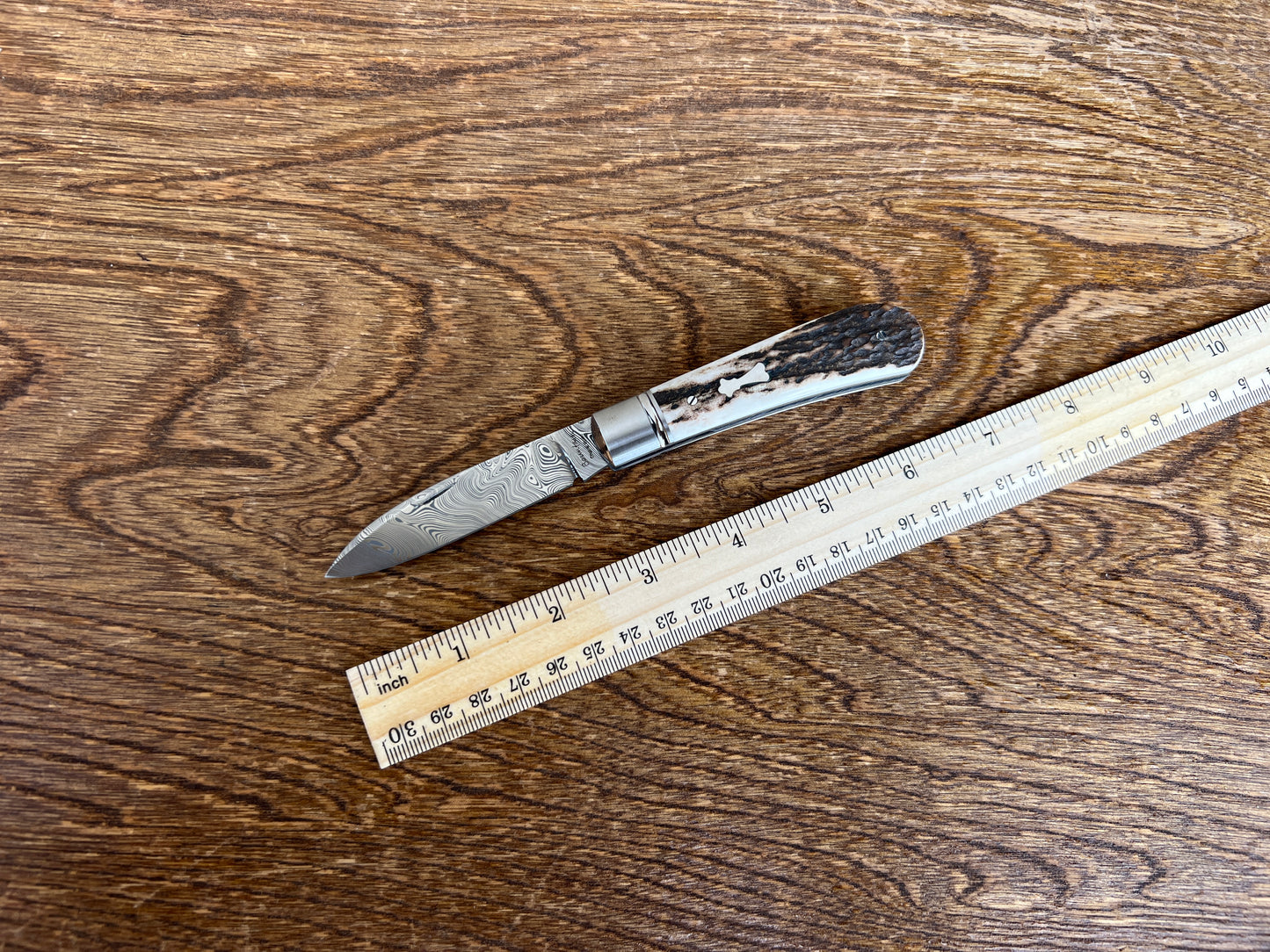 Zulu Antler Handle, Damasteel, Swedish Powder Damascus Steel, American Traditional Pocket Knife