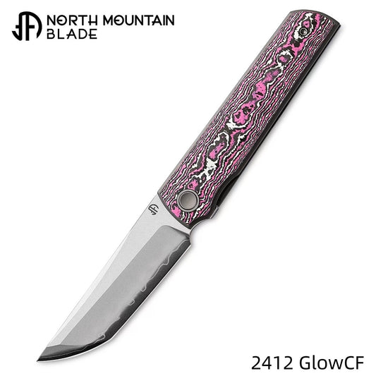 2412-GLOWCF CHOP 4 Front Flipper Folding Knife, Ceramic Carbon Fiber Handle, SLD San Mai Steel, Japanese-Style Tanto
