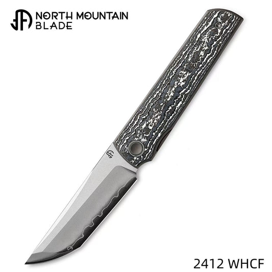 2412-WHCF CHOP 4 Front Flipper Folding Knife, Ceramic Carbon Fiber Handle, SLD San Mai Steel, Japanese-Style Tanto
