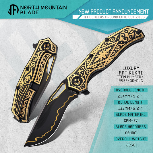 2532GDD Luxury Tactical Art Knife kukri 24K gold plat Baroque style, artistic pattern, titanium handle, titanium frame, titanium rear clip, 3V steel, DLC black coating, ceramic bearings smooth open