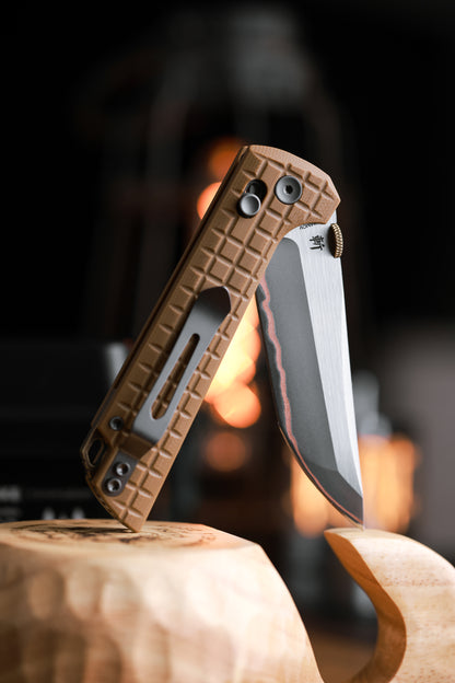 2418-TAN-G-5 Crossbar Lock  5-Layer Copper Steel 3.5" Blade Japanese-style tactical folding knife