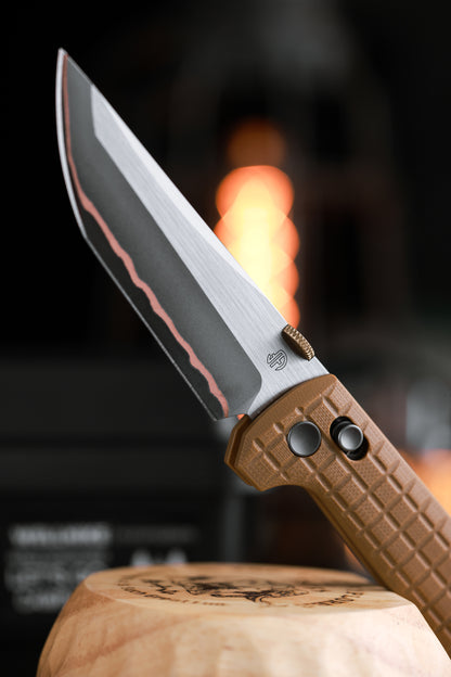 2418-TAN-G-5 Crossbar Lock  5-Layer Copper Steel 3.5" Blade Japanese-style tactical folding knife