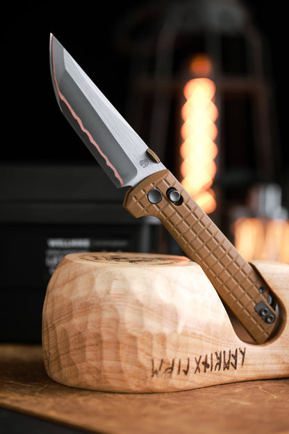 2418-TAN-G-5 Crossbar Lock  5-Layer Copper Steel 3.5" Blade Japanese-style tactical folding knife