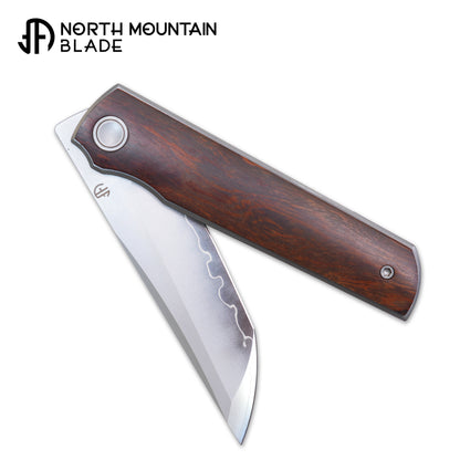 2412-IW  CHOP 4 Front Flipper Folding Knife, Desert Ironwood Handle, SLD San Mai Steel, Japanese-Style Tanto
