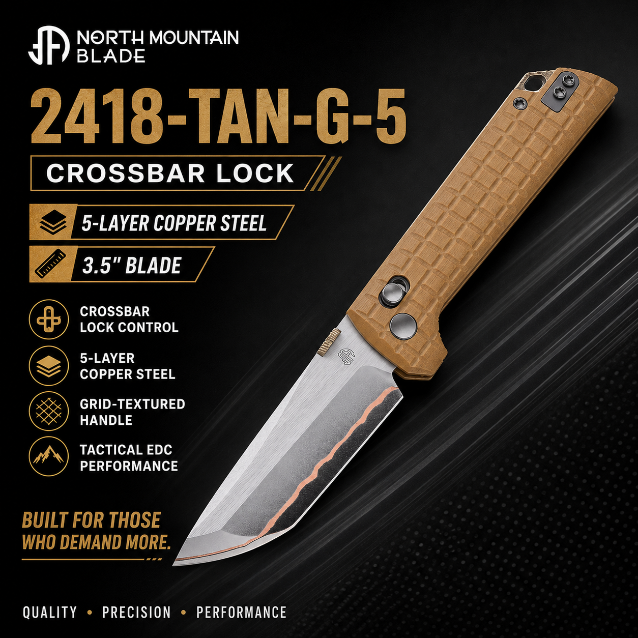 2418-TAN-G-5 Crossbar Lock  5-Layer Copper Steel 3.5" Blade Japanese-style tactical folding knife