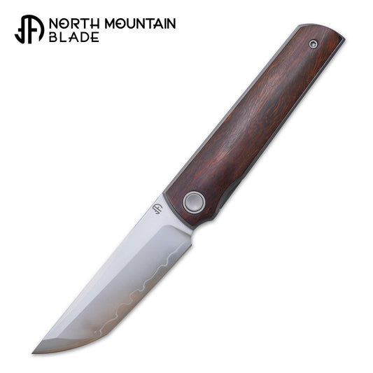 2412-IW  CHOP 4 Front Flipper Folding Knife, Desert Ironwood Handle, SLD San Mai Steel, Japanese-Style Tanto