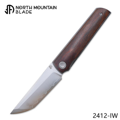 2412-IW  CHOP 4 Front Flipper Folding Knife, Desert Ironwood Handle, SLD San Mai Steel, Japanese-Style Tanto