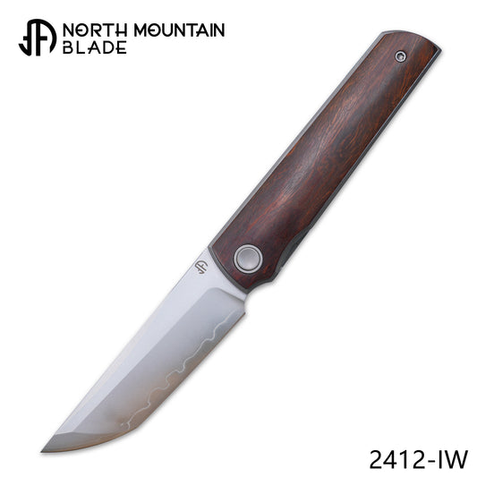 2412-IW  CHOP 4 Front Flipper Folding Knife, Desert Ironwood Handle, SLD San Mai Steel, Japanese-Style Tanto