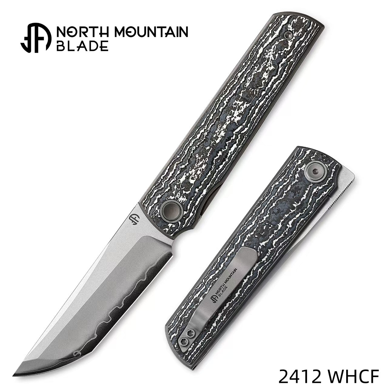 2412-WHCF CHOP 4 Front Flipper Folding Knife, Ceramic Carbon Fiber Handle, SLD San Mai Steel, Japanese-Style Tanto