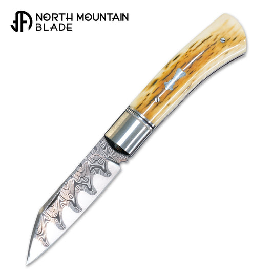 5 North Mountain Traditional Series – Handcrafted Sheepsfoot Pocket Knife with Mammoth Ivory Handle, Steel Frame, Non-Locking, Mike Norris stainless steel Damascus, steel made in Kentucky, USA.