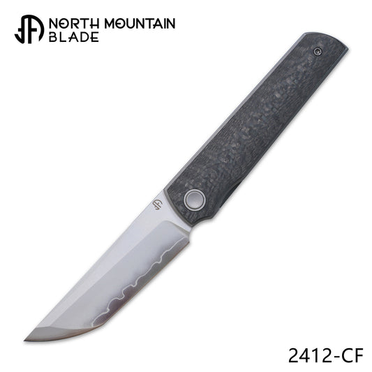 2412-CF CHOP 4 Front Flipper Folding Knife, 3K CF Handle, SLD San Mai Steel, Japanese-Style Tanto