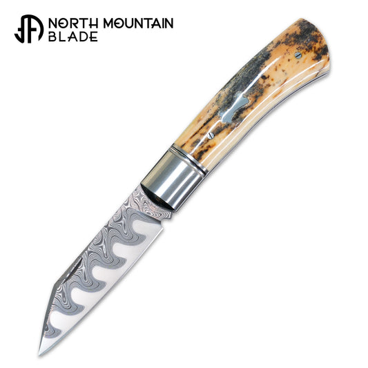 7 North Mountain Traditional Series – Handcrafted Sheepsfoot Pocket Knife with Mammoth Ivory Handle, Steel Frame, Non-Locking, Mike Norris stainless steel Damascus, steel made in Kentucky, USA.
