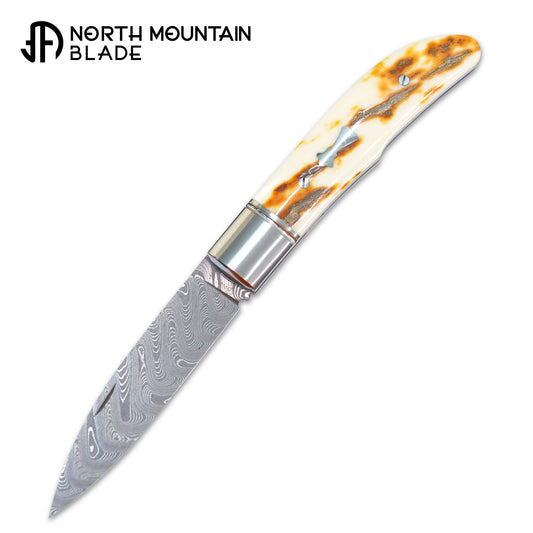 11 Swift Mammoth Tusk Fancy Legal Steel Frame Damascus Steel No Lock Handmade Pocket Knife