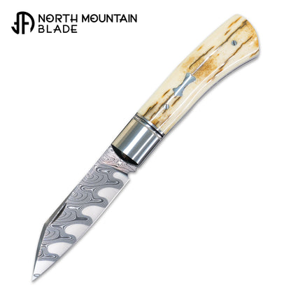 6 North Mountain Traditional Series – Handcrafted Sheepsfoot Pocket Knife with Mammoth Ivory Handle, Steel Frame, Non-Locking, Mike Norris stainless steel Damascus, steel made in Kentucky, USA.