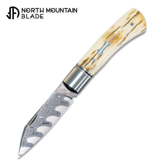 6 North Mountain Traditional Series – Handcrafted Sheepsfoot Pocket Knife with Mammoth Ivory Handle, Steel Frame, Non-Locking, Mike Norris stainless steel Damascus, steel made in Kentucky, USA.