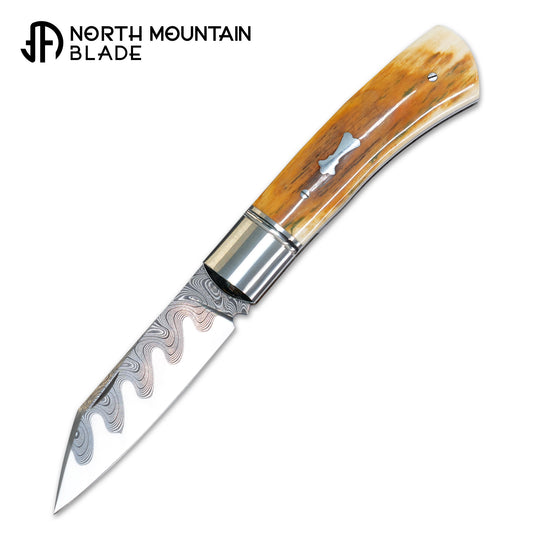 4 North Mountain Traditional Series – Handcrafted Sheepsfoot Pocket Knife with Mammoth Ivory Handle, Steel Frame, Non-Locking, Mike Norris stainless steel Damascus, steel made in Kentucky, USA.