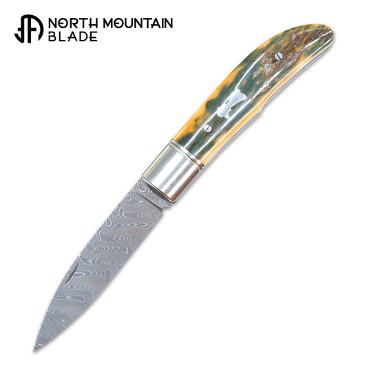 1 Swift Mammoth Tusk Fancy Legal Steel Frame Damascus Steel No Lock Handmade Pocket Knife