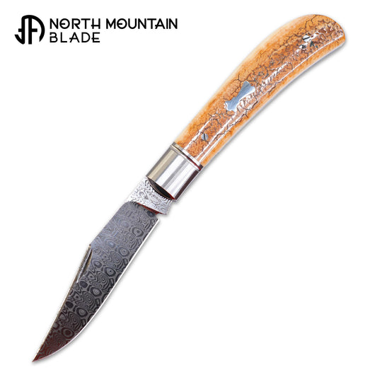 1 Lanny custom handmade Damascus mammoth tusk legal non-locking pocket knife