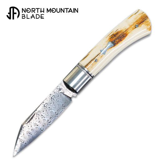 2 North Mountain Traditional Series – Handcrafted Sheepsfoot Pocket Knife with Mammoth Ivory Handle, Steel Frame, Non-Locking,  Damasteel® – Swedish Powder Metallurgy Damascus Blade