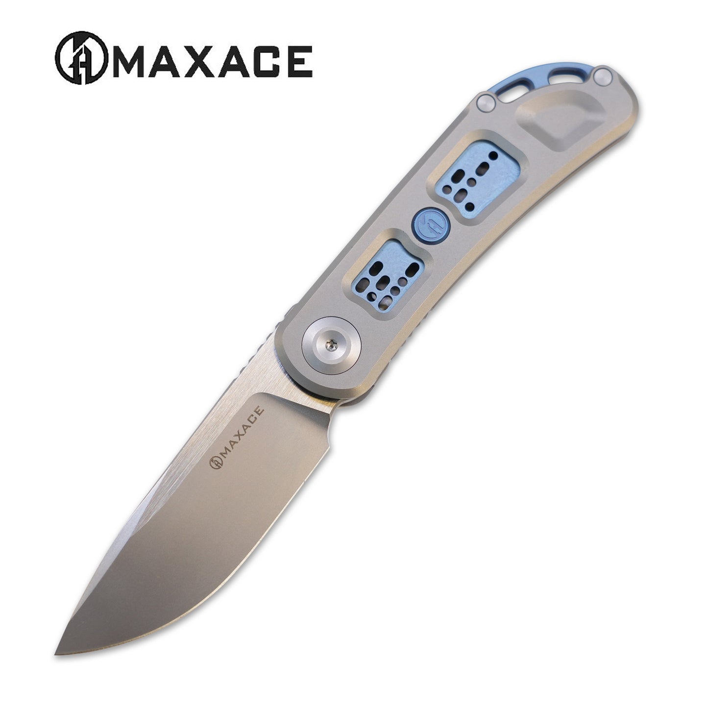 Maxace Big Fella Folding Knife Sandblast Titanium/Blue Inlay Handle Magnacut Plain Edge M22A