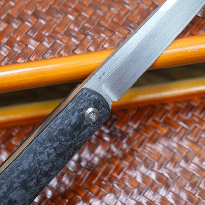 Production test Pocket knife with non-locking design, carbon fiber handle, M390, handmade satin finish.