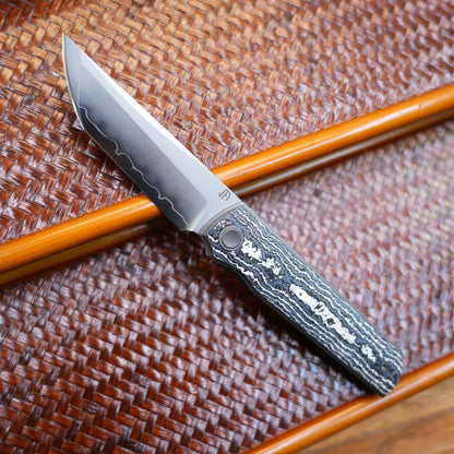 2412-WHCF CHOP 4 Front Flipper Folding Knife, Ceramic Carbon Fiber Handle, SLD San Mai Steel, Japanese-Style