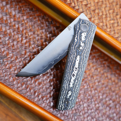 2412-WHCF CHOP 4 Front Flipper Folding Knife, Ceramic Carbon Fiber Handle, SLD San Mai Steel, Japanese-Style