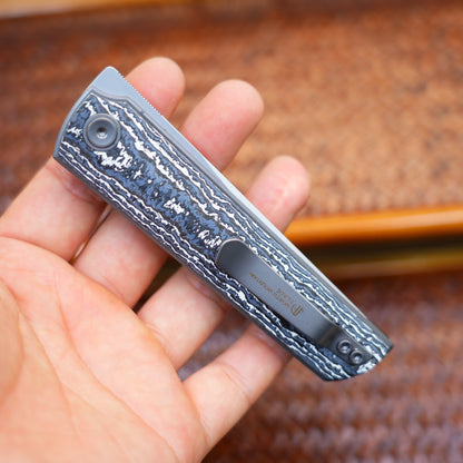 2412-WHCF CHOP 4 Front Flipper Folding Knife, Ceramic Carbon Fiber Handle, SLD San Mai Steel, Japanese-Style