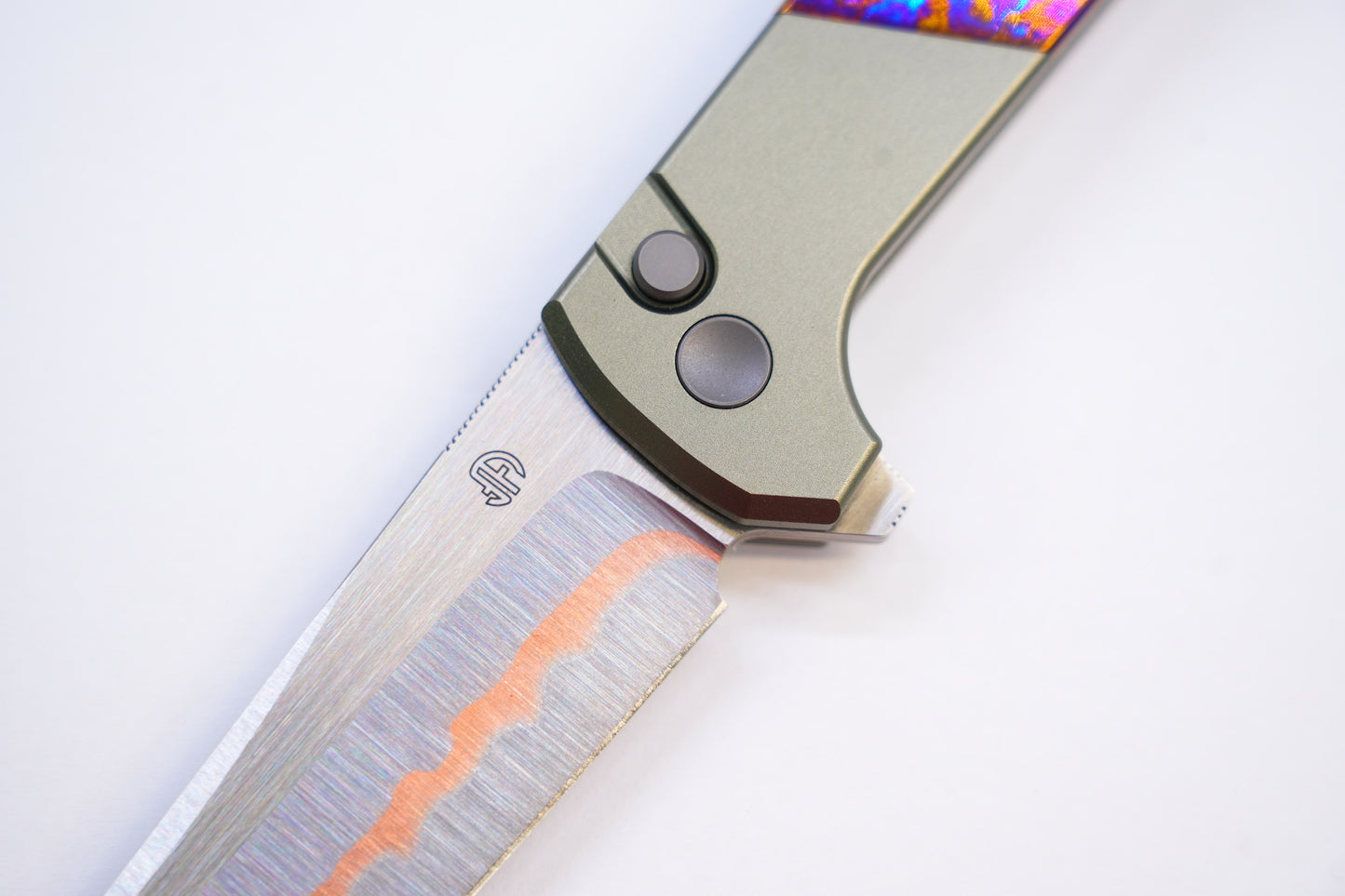 NorthMountainBlade Custom Chop2 5 Layer Forged copper blade Titanium Damascus handle