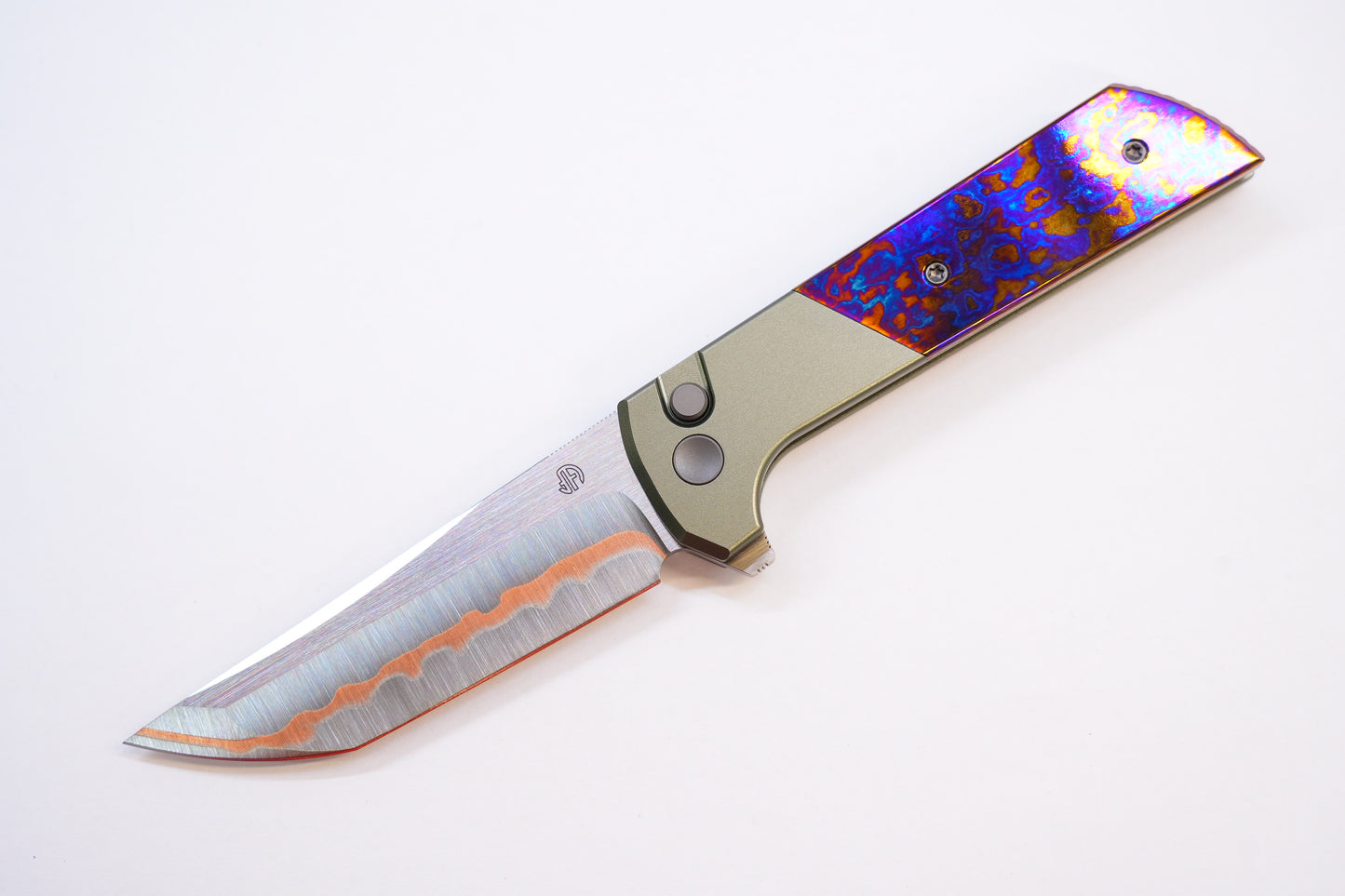 NorthMountainBlade Custom Chop2 5 Layer Forged copper blade Titanium Damascus handle