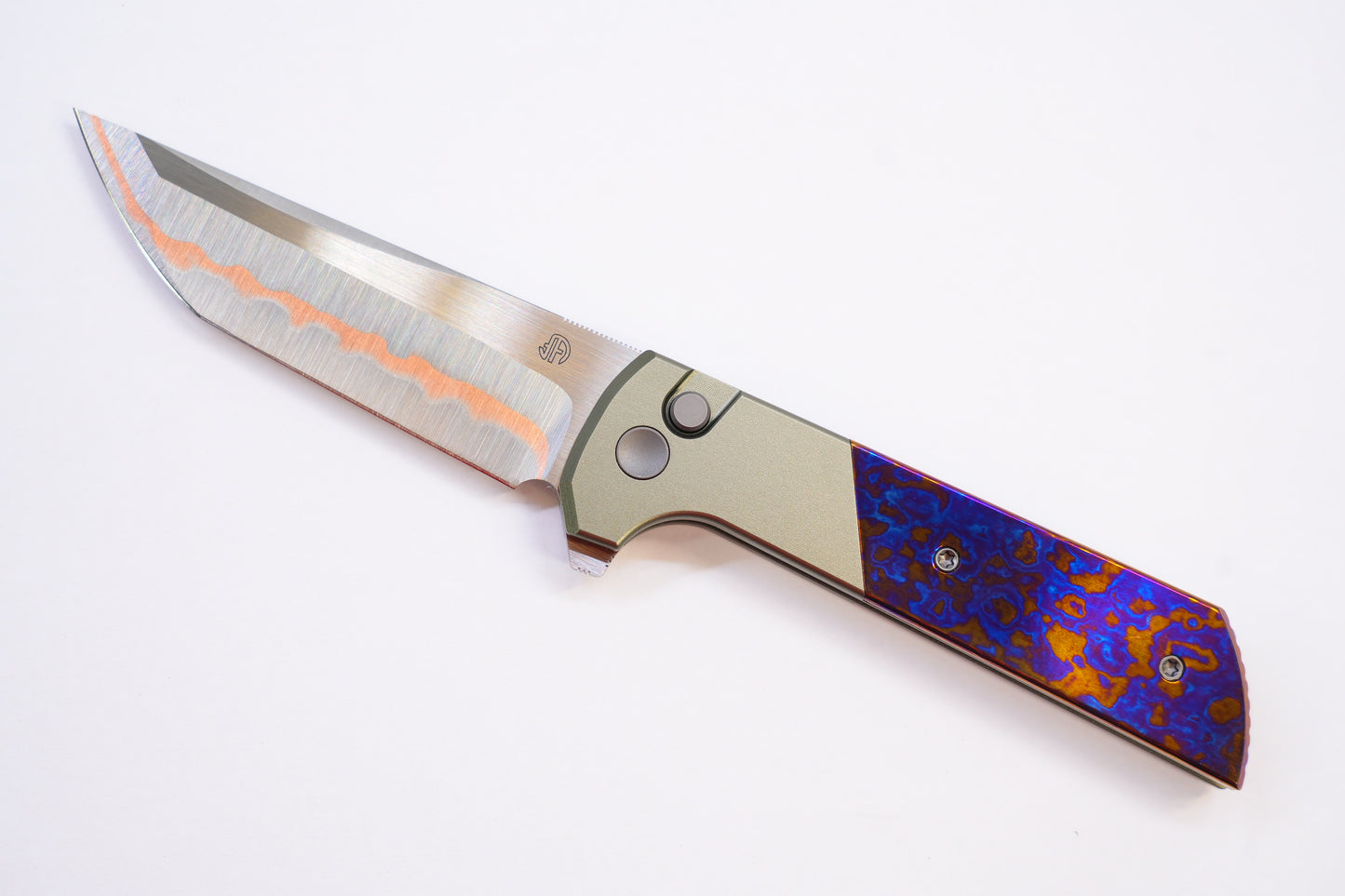 NorthMountainBlade Custom Chop2 5 Layer Forged copper blade Titanium Damascus handle