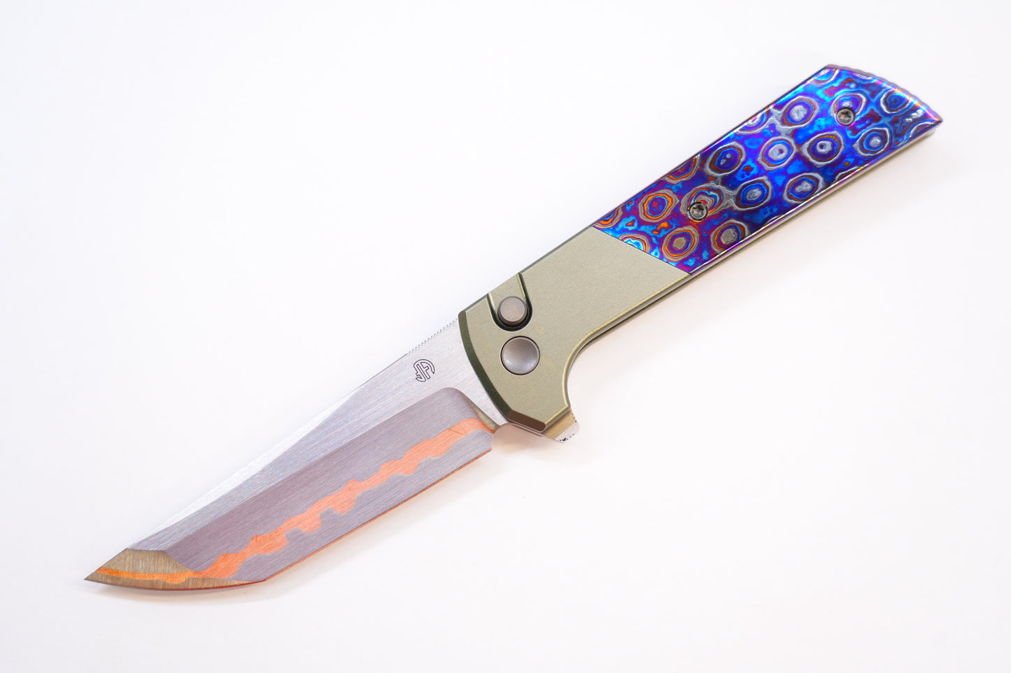 NorthMountainBlade Custom Chop2 5 Layer Forged copper blade Zirconium Titanium Damascus handle