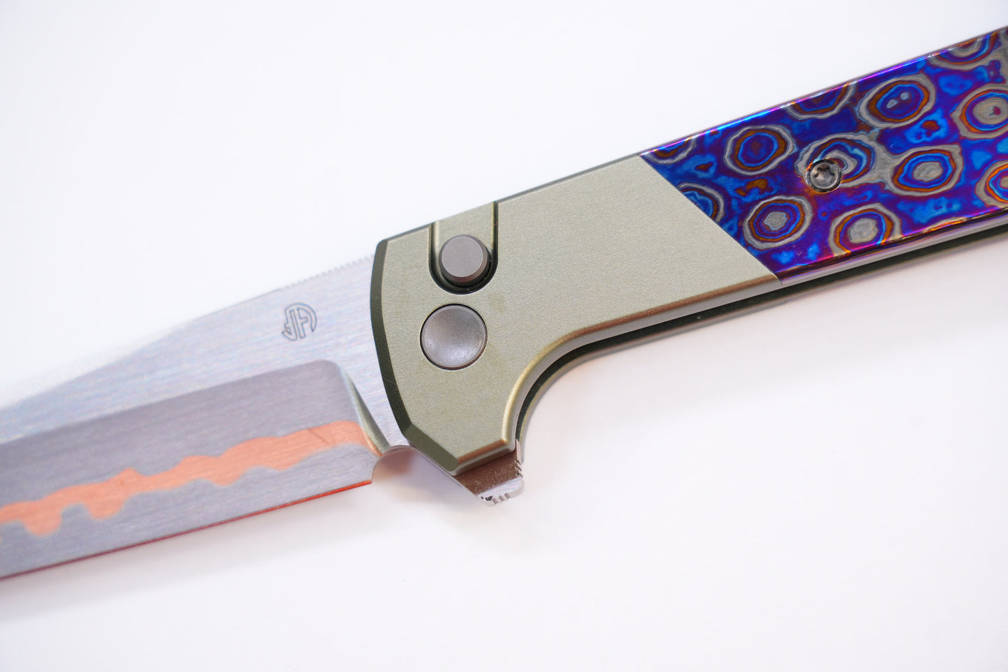 NorthMountainBlade Custom Chop2 5 Layer Forged copper blade Zirconium Titanium Damascus handle