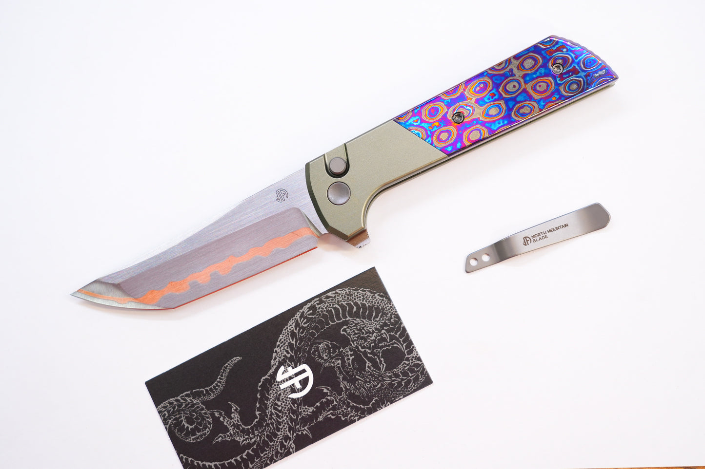 NorthMountainBlade Custom Chop2 5 Layer Forged copper blade Zirconium Titanium Damascus handle