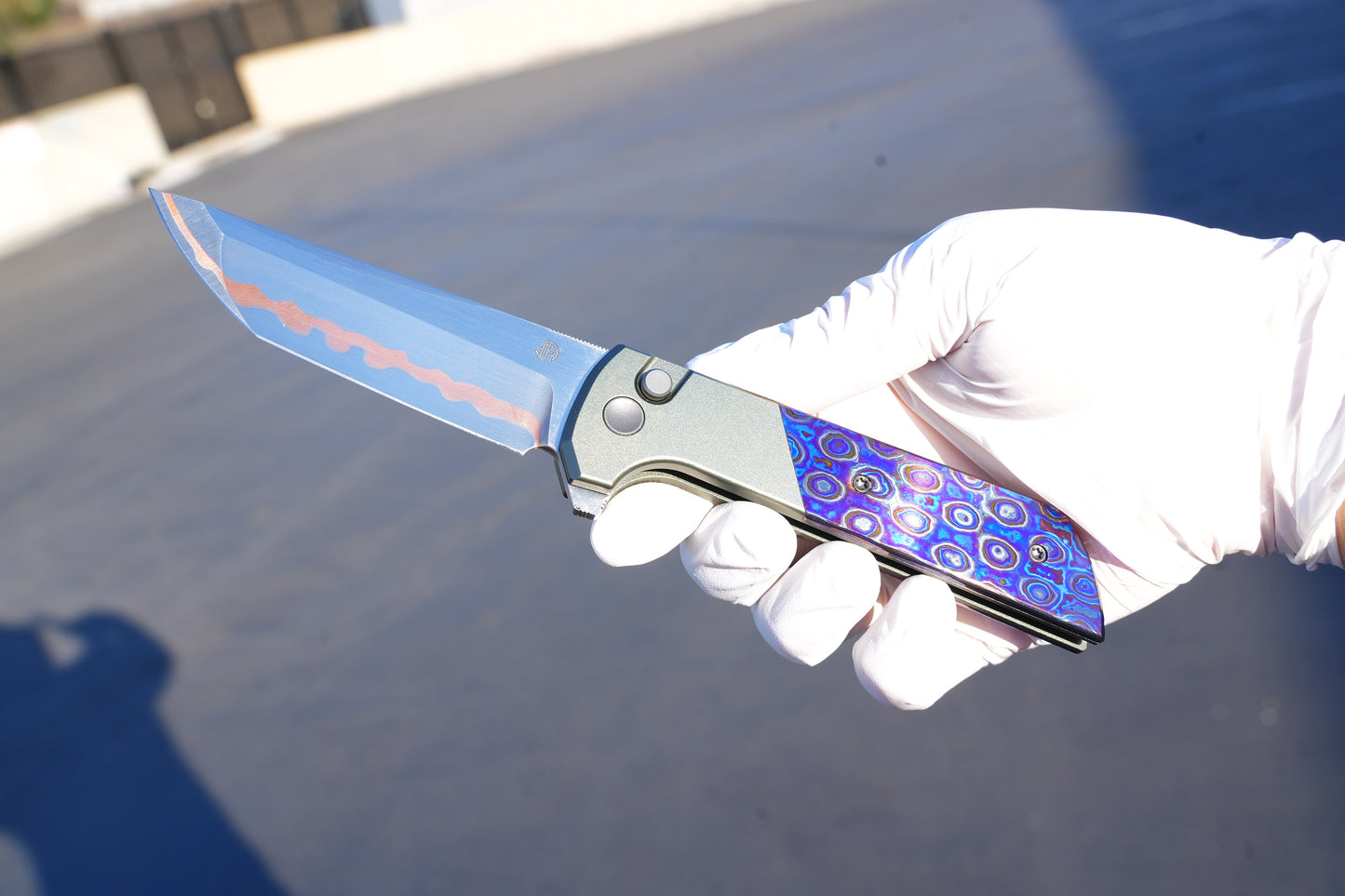 NorthMountainBlade Custom Chop2 5 Layer Forged copper blade Zirconium Titanium Damascus handle