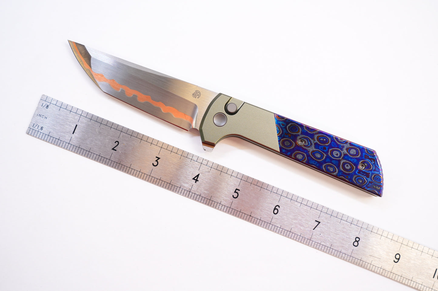 NorthMountainBlade Custom Chop2 5 Layer Forged copper blade Zirconium Titanium Damascus handle