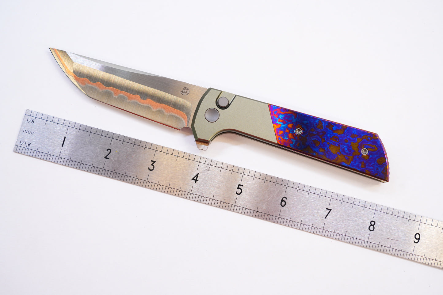 NorthMountainBlade Custom Chop2 5 Layer Forged copper blade Titanium Damascus handle